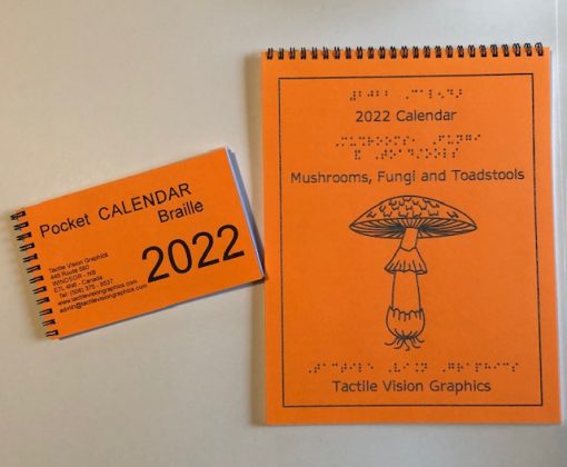 Desk calendar with braille and print title and an image of this year's theme, a mushroom
